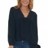Davi & Dani Black V Neck Lace Yoke Long Puff Sleeve Top Tops
