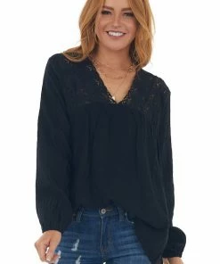 Davi & Dani Black V Neck Lace Yoke Long Puff Sleeve Top Tops