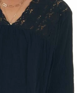 Davi & Dani Black V Neck Lace Yoke Long Puff Sleeve Top Tops
