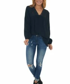 Davi & Dani Black V Neck Lace Yoke Long Puff Sleeve Top Tops