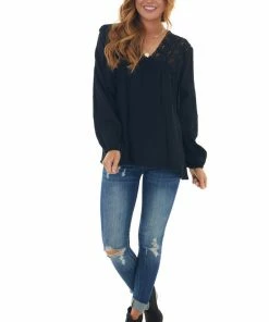 Davi & Dani Black V Neck Lace Yoke Long Puff Sleeve Top Tops
