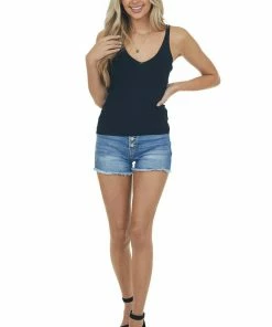 HYFVE Tops Black V Neck Lightweight Ribbed Knit Tank Top