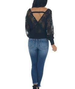 Peach Love Tops Black V Neck Lace Long Sleeve Knit Top