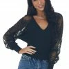 Peach Love Tops Black V Neck Lace Long Sleeve Knit Top