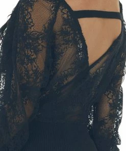 Peach Love Tops Black V Neck Lace Long Sleeve Knit Top