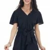EPretty Black V Neckline Short Sleeve Romper With Front Tie Detail Dresses