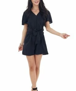 EPretty Black V Neckline Short Sleeve Romper With Front Tie Detail Dresses 20 EPretty Black V Neckline Short Sleeve Romper With Front Tie Detail Dresses
