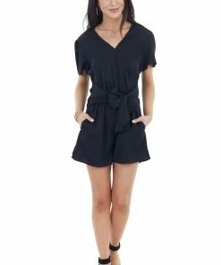 EPretty Black V Neckline Short Sleeve Romper With Front Tie Detail Dresses 22 EPretty Black V Neckline Short Sleeve Romper With Front Tie Detail Dresses