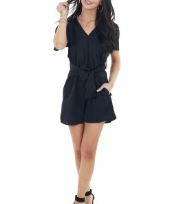 EPretty Black V Neckline Short Sleeve Romper With Front Tie Detail Dresses 21 EPretty Black V Neckline Short Sleeve Romper With Front Tie Detail Dresses