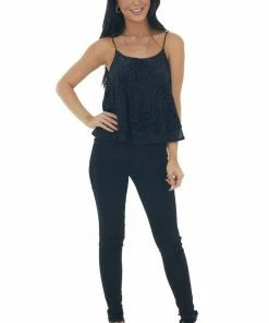 She + Sky Black Velvet Leopard Print Sleeveless Top