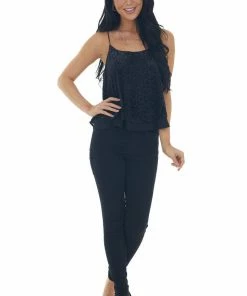 She + Sky Black Velvet Leopard Print Sleeveless Top