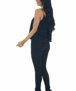 She + Sky Black Velvet Leopard Print Sleeveless Top