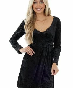 Umgee Dresses Black Velvet V Neck Lace Trim Short Dress