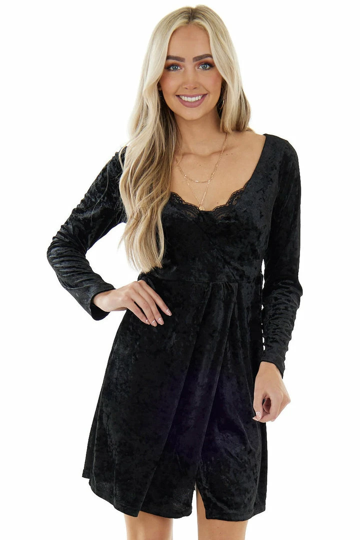Umgee Dresses Black Velvet V Neck Lace Trim Short Dress 3 Umgee Dresses Black Velvet V Neck Lace Trim Short Dress