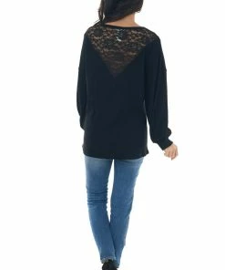 BiBi Tops Black Waffle Knit Long Sleeve Sheer Lace Top