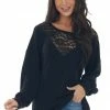 BiBi Tops Black Waffle Knit Long Sleeve Sheer Lace Top