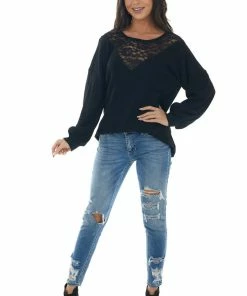 BiBi Tops Black Waffle Knit Long Sleeve Sheer Lace Top