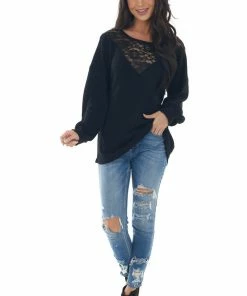 BiBi Tops Black Waffle Knit Long Sleeve Sheer Lace Top