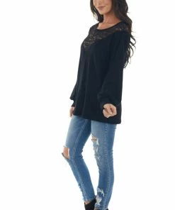 BiBi Tops Black Waffle Knit Long Sleeve Sheer Lace Top