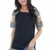 BiBi Black Waffle Knit Top With Leopard And Sequin Contrast Tops