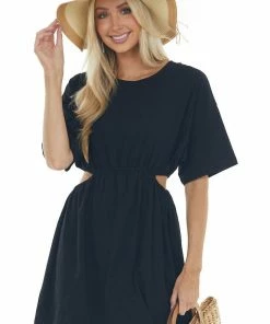 Umgee Black Waist Cut Out Short Sleeve Knit Dress