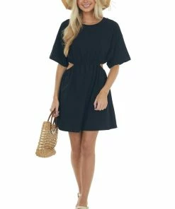Umgee Black Waist Cut Out Short Sleeve Knit Dress