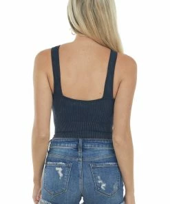 DYNAMIC Black Washed Ribbed Halter Crop Tank Tops