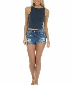 DYNAMIC Black Washed Ribbed Halter Crop Tank Tops