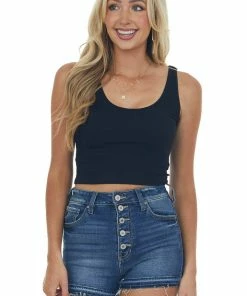 By Together Black Washed Scoop Neck Ribbed Knit Brami