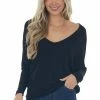 Charlotte Avery Black Wide V Neck Long Dolman Sleeve Knit Top Tops
