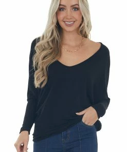 Charlotte Avery Black Wide V Neck Long Dolman Sleeve Knit Top Tops