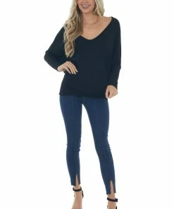 Charlotte Avery Black Wide V Neck Long Dolman Sleeve Knit Top Tops