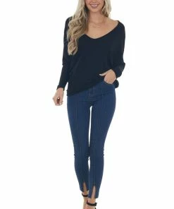 Charlotte Avery Black Wide V Neck Long Dolman Sleeve Knit Top Tops