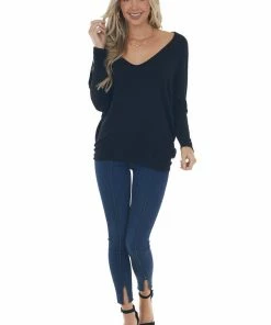 Charlotte Avery Black Wide V Neck Long Dolman Sleeve Knit Top Tops