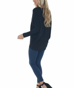 Charlotte Avery Black Wide V Neck Long Dolman Sleeve Knit Top Tops