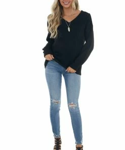 Staccato Tops Black Wide V Neck Long Sleeve Sweater