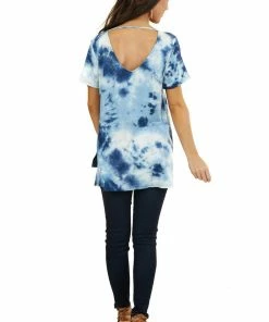 GeeGee Blue Tie Dye Short Sleeve Knit Top With Cutout Details