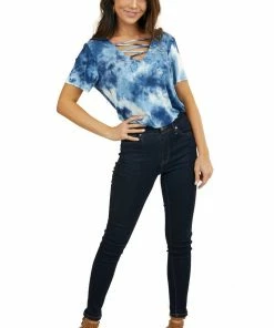 GeeGee Blue Tie Dye Short Sleeve Knit Top With Cutout Details