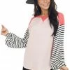 My Story Blush And Coral V Stitch Knit Top With Striped Puff Sleeves Tops