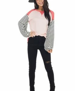 My Story Blush And Coral V Stitch Knit Top With Striped Puff Sleeves Tops