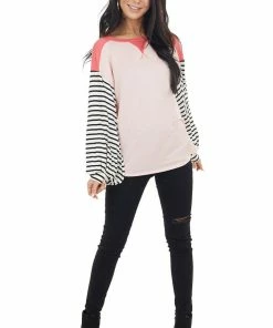 My Story Blush And Coral V Stitch Knit Top With Striped Puff Sleeves Tops