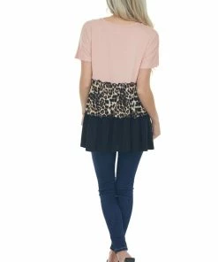 HEIMISH Blush And Leopard Print Colorblock Stretchy Knit Tunic Top