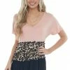 HEIMISH Blush And Leopard Print Colorblock Stretchy Knit Tunic Top