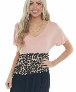 HEIMISH Blush And Leopard Print Colorblock Stretchy Knit Tunic Top