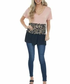HEIMISH Blush And Leopard Print Colorblock Stretchy Knit Tunic Top