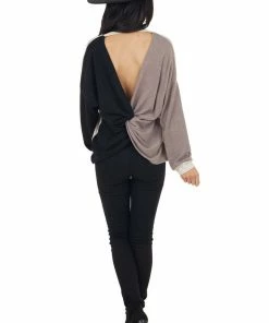 BiBi Blush Black And Taupe Colorblock Top With Back Twist Detail