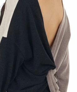 BiBi Blush Black And Taupe Colorblock Top With Back Twist Detail