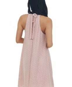 Haptics Blush Eyelet Knit Halter Neckline Short Dress