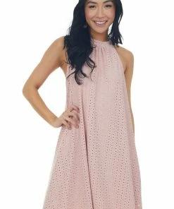 Haptics Blush Eyelet Knit Halter Neckline Short Dress