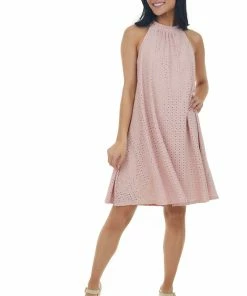 Haptics Blush Eyelet Knit Halter Neckline Short Dress